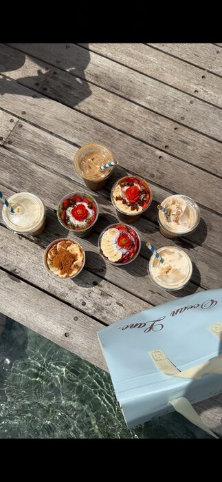 Breakfast bowls on a dock
