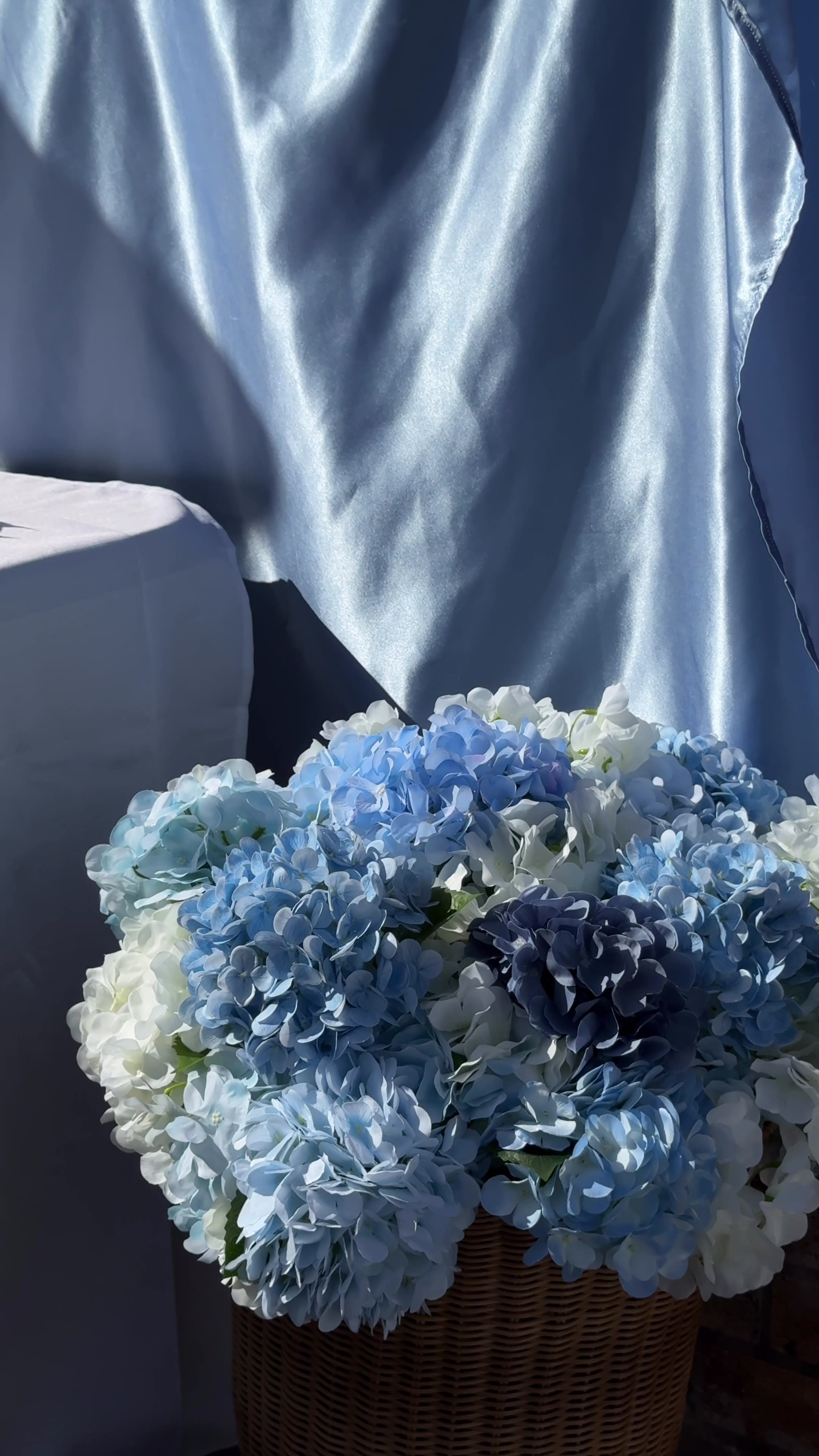 Blue and white hydrangea wedding bouquet detail